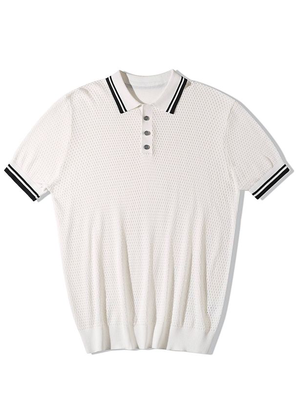 New Arrival! Men's Ice Silk Polo Shirt Mesh Knit Hollow Out Breathable Streetwear Short Sleeve Tee Retro Striped Trim Summer Casual Oversized Top_viptrois.com