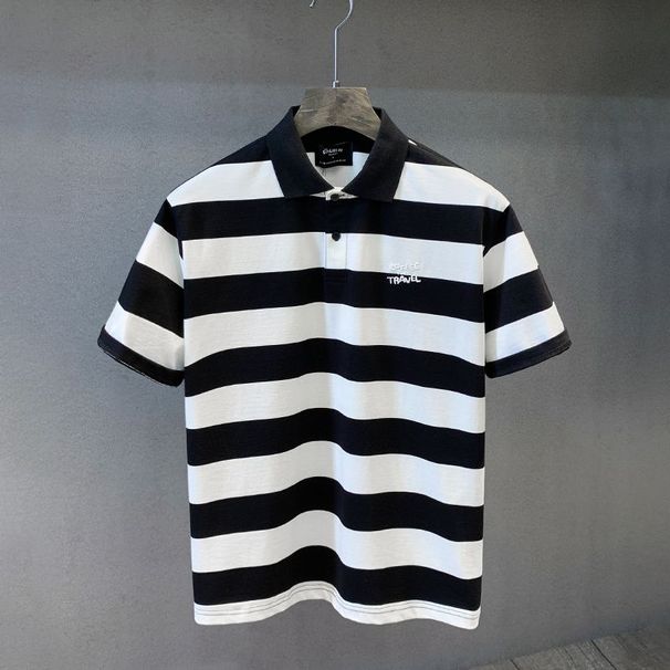 2024 Trendy Brand Black And White Striped Lapel Short-sleeved Polo Shirt Men's Half-sleeved T-shirt Summer Loose Men's Versatile T-shirt_viptrois.com