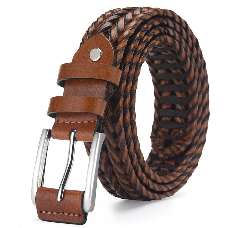 Men's Belts Hand Woven Leather Belt Men's Fashion Retro Leather Belt Breathable Pin Buckle Trouser Belt_viptrois.com
