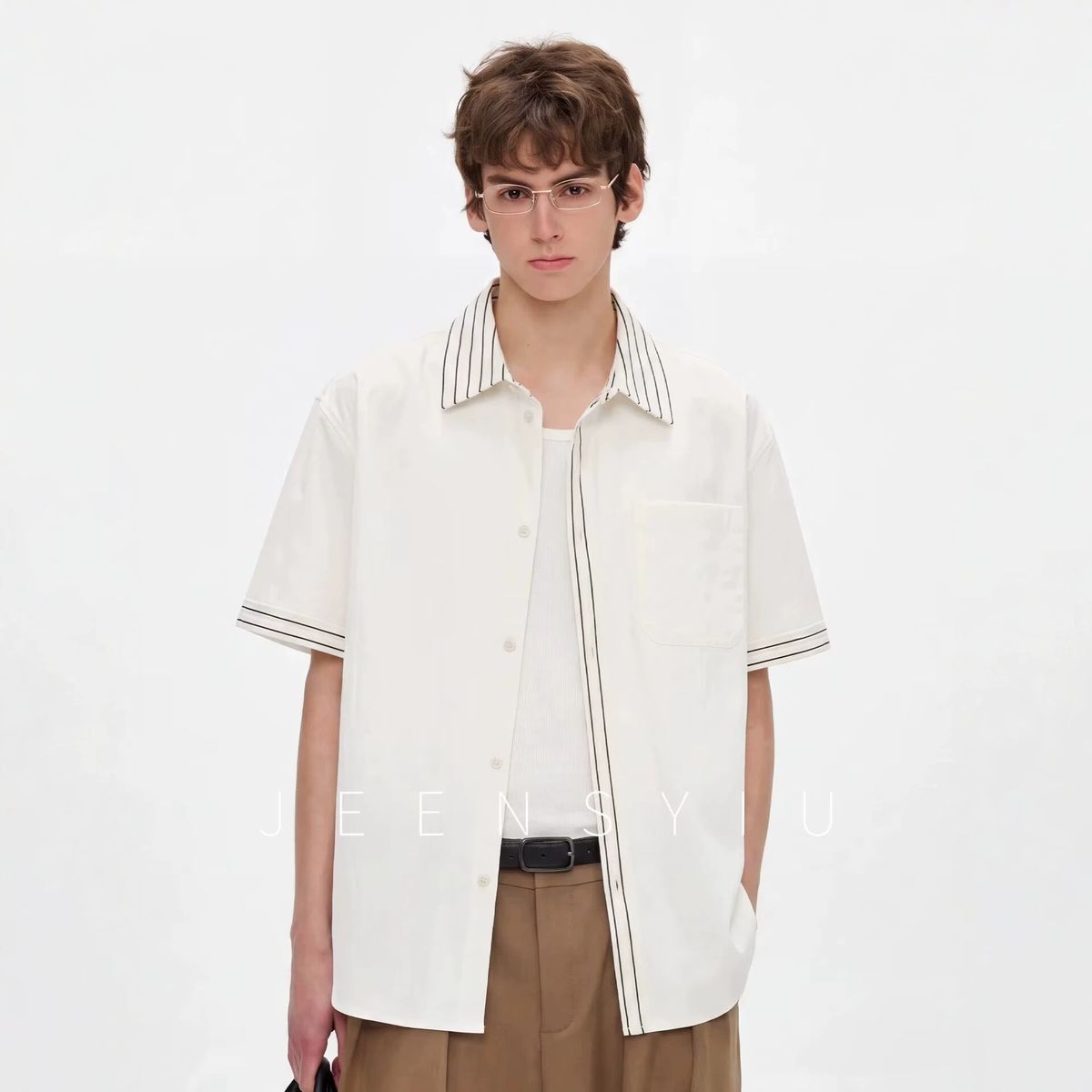 Men's Striped Faux Two Piece Short Sleeve Shirt Casual Versatile Loose Fitting Stylish Sophisticated Summer Everyday Commuting_viptrois.com