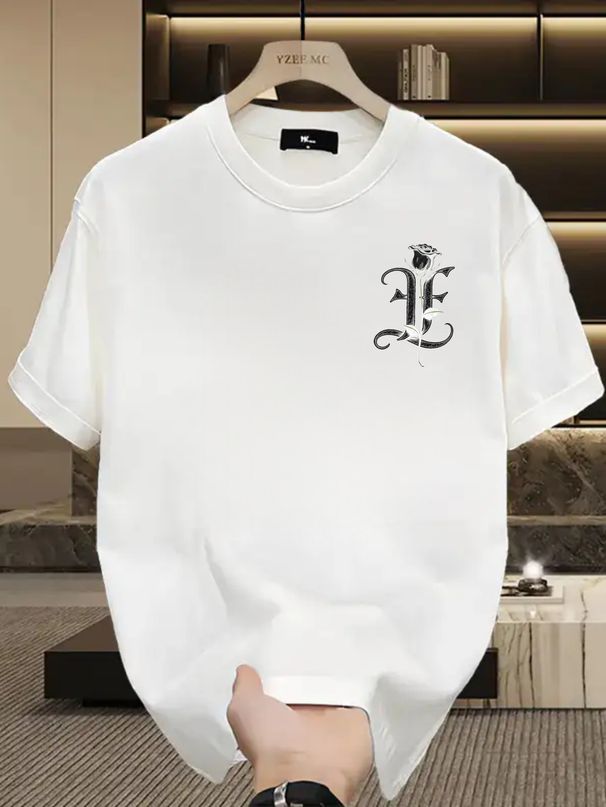 Men's 100% Cotton Short Sleeve T-Shirt With Gothic "FF" & Rose Logo, Casual Loose Fit, Streetwear Style_viptrois.com