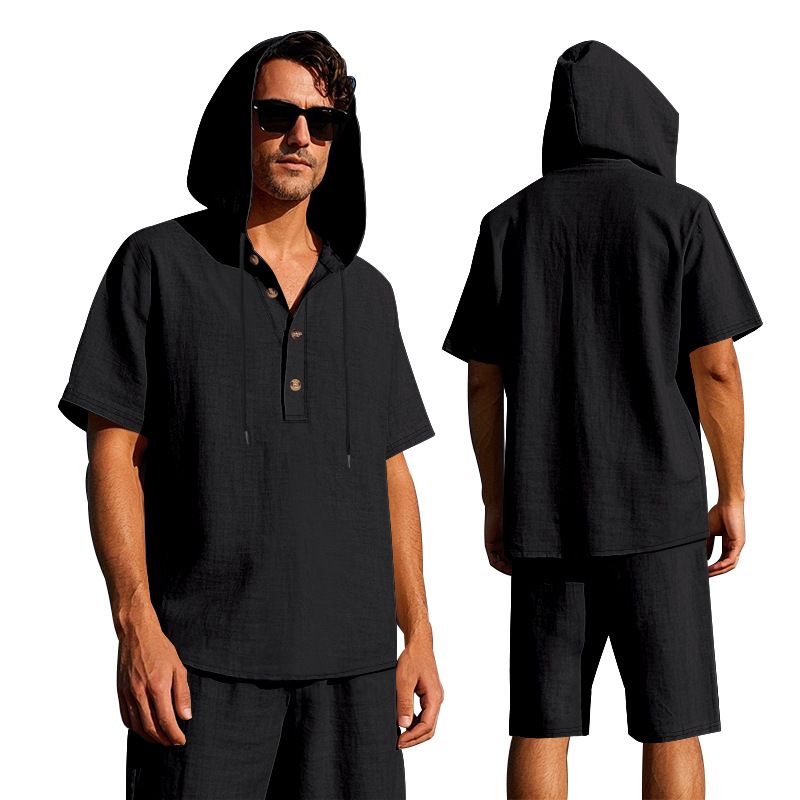 Men's Clothing Summer Men's Loose Casual Linen Solid Color Buttoned Beach Hooded Short Sleeved Suit_viptrois.com