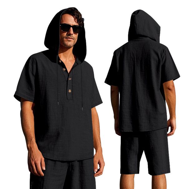 Men's Clothing Summer Men's Loose Casual Linen Solid Color Buttoned Beach Hooded Short Sleeved Suit_viptrois.com