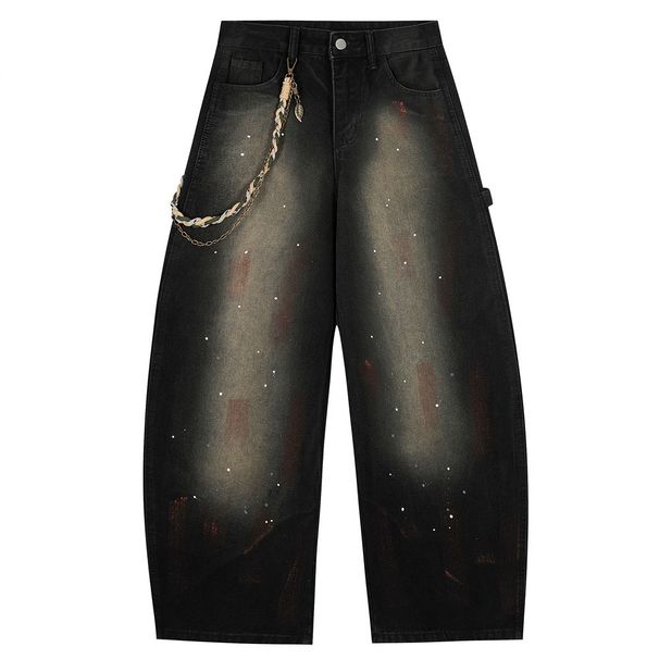 Post-apocalyptic Style Washed Ink Splash Denim Scimitar Pants Men's Street Fashion Punk Braided Chain Decor Design_viptrois.com