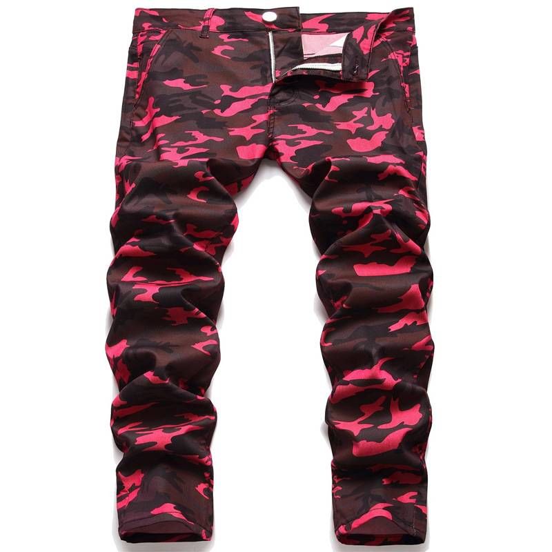 Men's Clothing Camouflage Trend Slim Jeans New Men's Fashion Personality Rose Red Contrast Color Slightly Stretch Jeans_viptrois.com