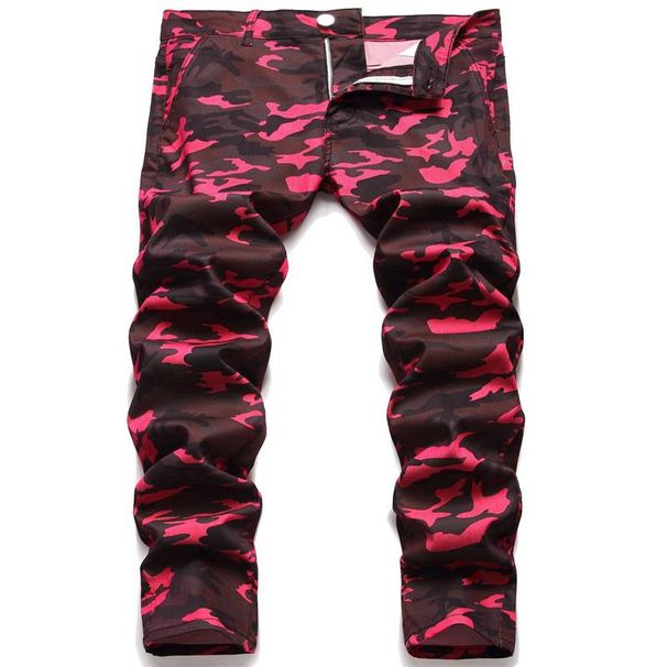 Men's Clothing Camouflage Trend Slim Jeans New Men's Fashion Personality Rose Red Contrast Color Slightly Stretch Jeans_viptrois.com