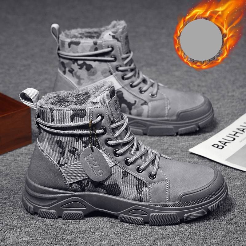Men's Shoes Cotton Shoes Plus Velvet Winter Warm Camouflage Work Boots Sports Casual Wear Resistant Trendy Shoes_viptrois.com