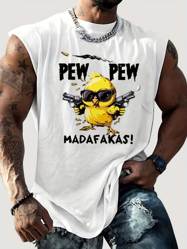100% Pure Cotton Men's Summer Casual Sports Fitness Loose Cartoon Pattern Printed Breathable Round Neck Sleeveless Vest_viptrois.com