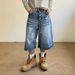 Men's Clothing Unisex Retro Whiskered Washed Blue Denim Shorts High Street Style Wide Leg Button Down Capri Pants Men's Clothing_viptrois.com