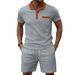 Men's Clothing Waffle Lapel Color Matching Chest Pocket Button Short Sleeve Shorts Suit_viptrois.com