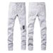 Men's White Distressed Denim Jeans With Splatter Paint & Patchwork - Stretch Straight Leg Trousers For Urban Street Style_viptrois.com