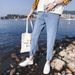 Vintage-Inspired High-Waisted Straight Leg Jeans Relaxed Fit Smoky Grey Washed Denim Elastic Waistband Floor-Length Hem for Men And Women_viptrois.com