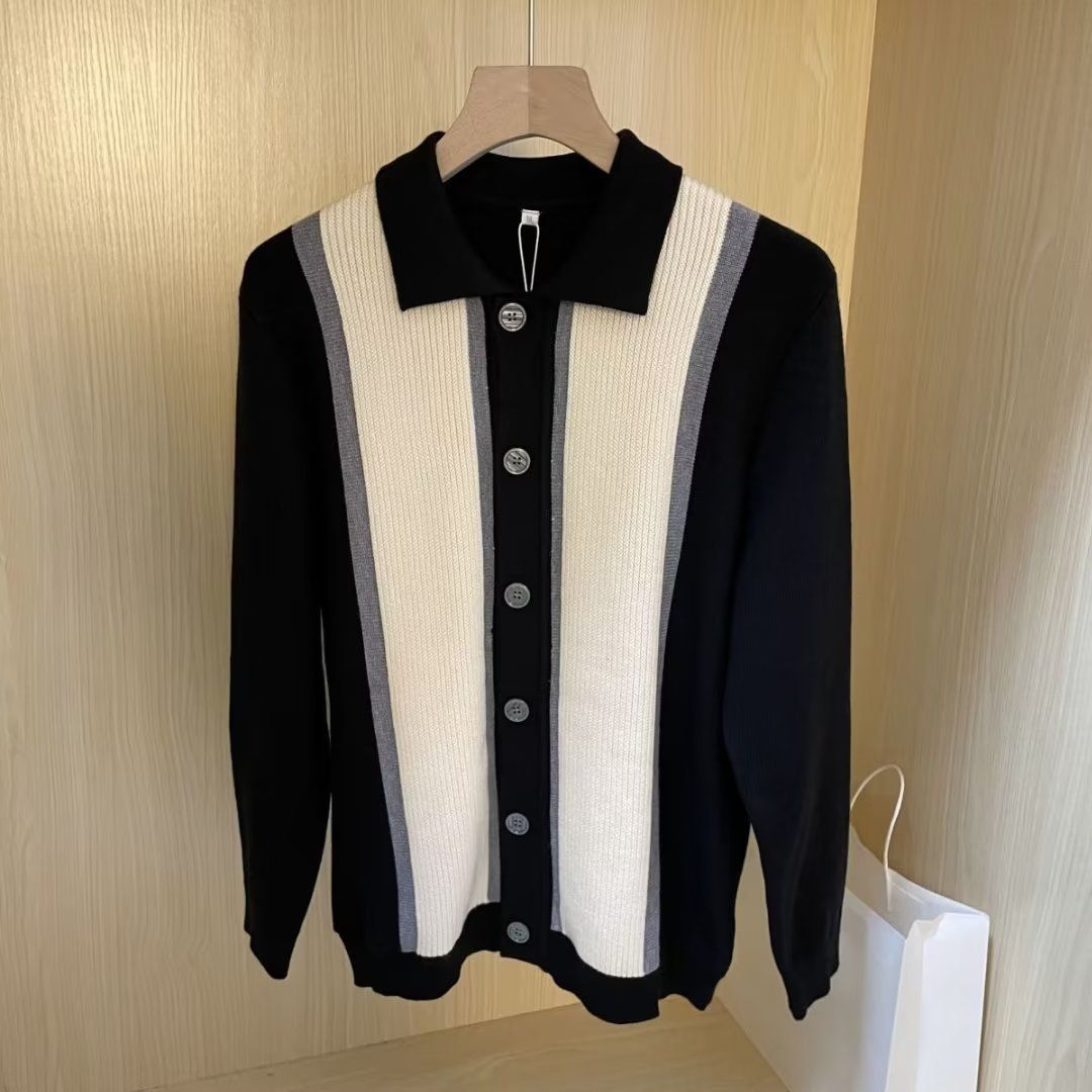 Men's Knit Long Sleeve Polo Shirt With Striped Collar - Lightweight Business Casual Sweater For Autumn Winter_viptrois.com