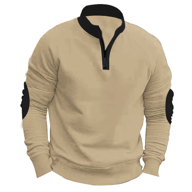 Men's Heavyweight Half Stand Collar Fleece Pullover Long Sleeve Sweatshirt Color Block Zipper Casual New Style For Autumn Winter_viptrois.com