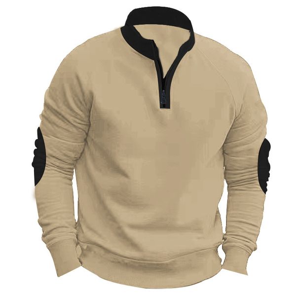 Men's Heavyweight Half Stand Collar Fleece Pullover Long Sleeve Sweatshirt Color Block Zipper Casual New Style For Autumn Winter_viptrois.com