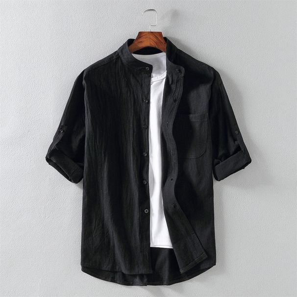 Men's Clothing Three-quarter Sleeve Shirt Men's Summer Retro Stand-up Collar Linen Short-sleeved Shirt Mid-sleeve Cotton And Linen Inch Shirt Men_viptrois.com