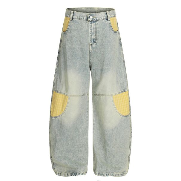 American Style Washed Vintage Denim Scimitar Pants Men's Trendy Brand Color Block Design Silhouette Wide-Leg Trousers_viptrois.com
