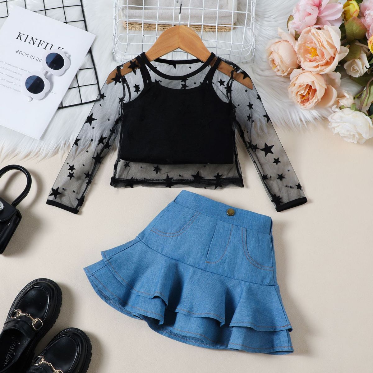 European And American Fashion Girls Star Mesh Long Sleeve Top + Camisole + Denim Pleated Skirt Three Piece Set_viptrois.com