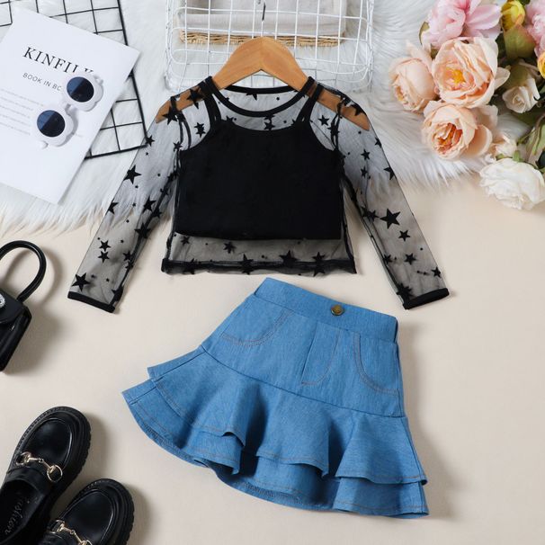 European And American Fashion Girls Star Mesh Long Sleeve Top + Camisole + Denim Pleated Skirt Three Piece Set_viptrois.com