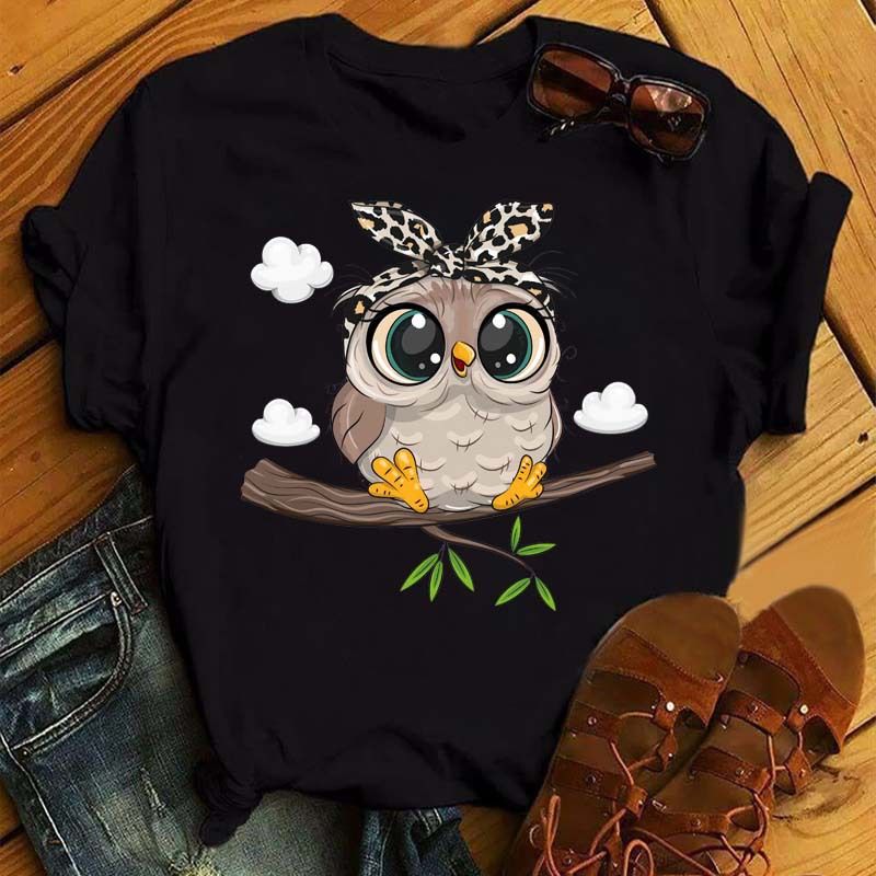 maycar Owl European Size T-Shirt Black Casual T Pattern Cotton Women's Short Sleeve Shirt Kawaii Cartoon_viptrois.com