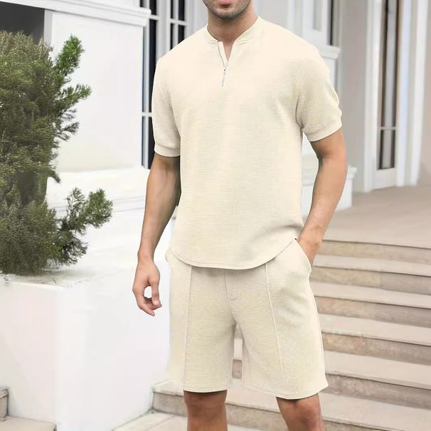 Men's Clothing Waffle Stand Collar Solid Color Zipper Short Sleeve Long Pants Suit_viptrois.com