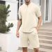 Men's Clothing Waffle Stand Collar Solid Color Zipper Short Sleeve Long Pants Suit_viptrois.com
