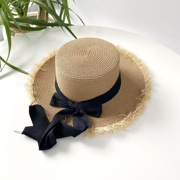 Straw For Women Fresh Bow Rough Edge Large Eave Flat Top Sun Hat Artistic Outdoor Sunshade Beach Hat_viptrois.com