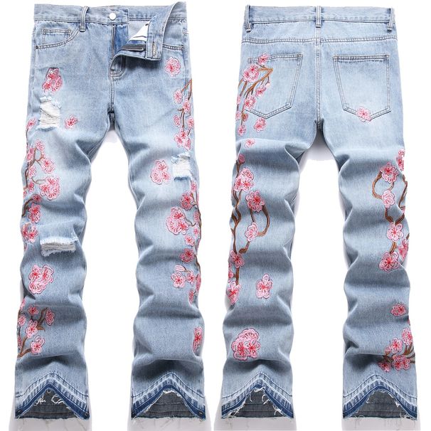 Men's Flared Jeans Retro 70s Style High Waist Wide Leg Denim Pants With Embroidered Plum Blossom Design - Light Blue_viptrois.com