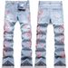Men's Flared Jeans Retro 70s Style High Waist Wide Leg Denim Pants With Embroidered Plum Blossom Design - Light Blue_viptrois.com