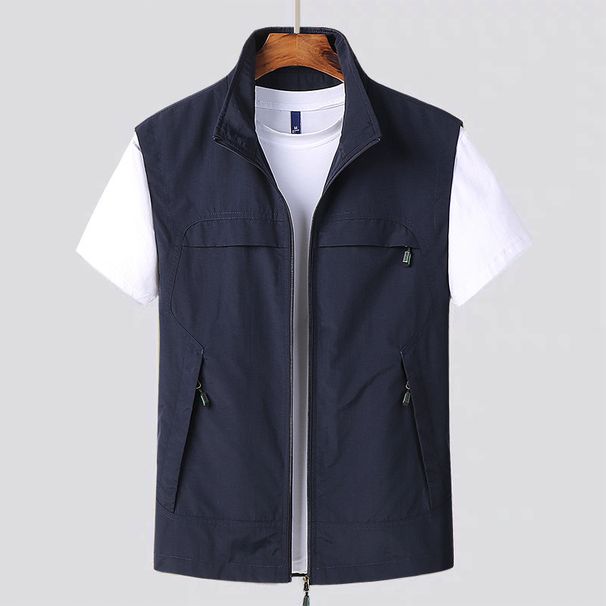 Men's Slim-Fit Vest Jacket – Lightweight Nylon Stand Collar Sleeveless Coat For Layering (M-5XL, Minimalist Design, Side Pockets, All-Season Wear)_viptrois.com