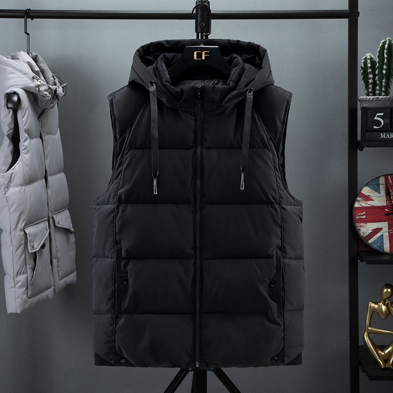 Men's Winter Padded Vest With Detachable Hood, Slim Fit, Thickened Polyester, Plus Size Available (Black/Grey, L-7xl)_viptrois.com