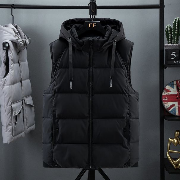 Men's Winter Padded Vest With Detachable Hood, Slim Fit, Thickened Polyester, Plus Size Available (Black/Grey, L-7xl)_viptrois.com
