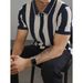 Men's Summer Stripe Knit Polo Shirt With Hollow Design, Loose Fit Casual Short Sleeve Top, Black & White Contrast_viptrois.com
