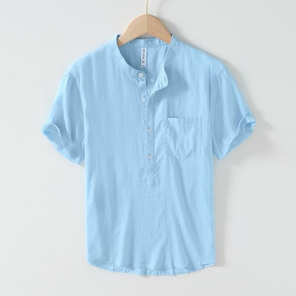 Gentle And Breathable Short Sleeved Linen T-shirt For Men, Artistic And Casual Loose Top, Stand Up Collar Shirt_viptrois.com