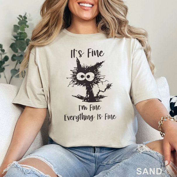 It's Fine I'm Fine Everything Is Fine Shirt, Cute Black Cat Tee_viptrois.com