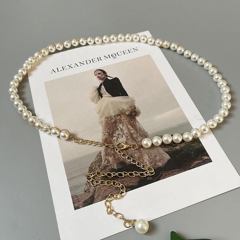 New handmade white pearl slim waist chain for women with dress sweet belt metal chain sweater belt_viptrois.com