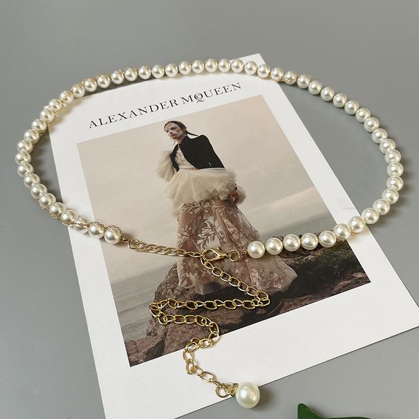 New handmade white pearl slim waist chain for women with dress sweet belt metal chain sweater belt_viptrois.com