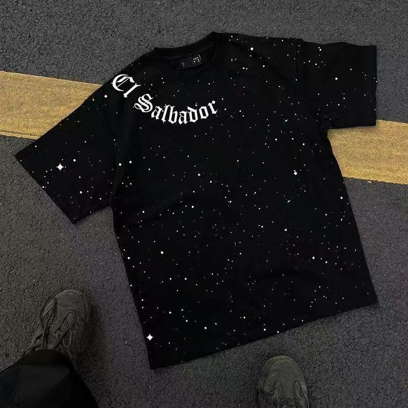 Cotton-textured American Sequined Starry Sky Design T-shirt Half-sleeved Top 2025 Summer New Loose And Heavyweight Top_viptrois.com