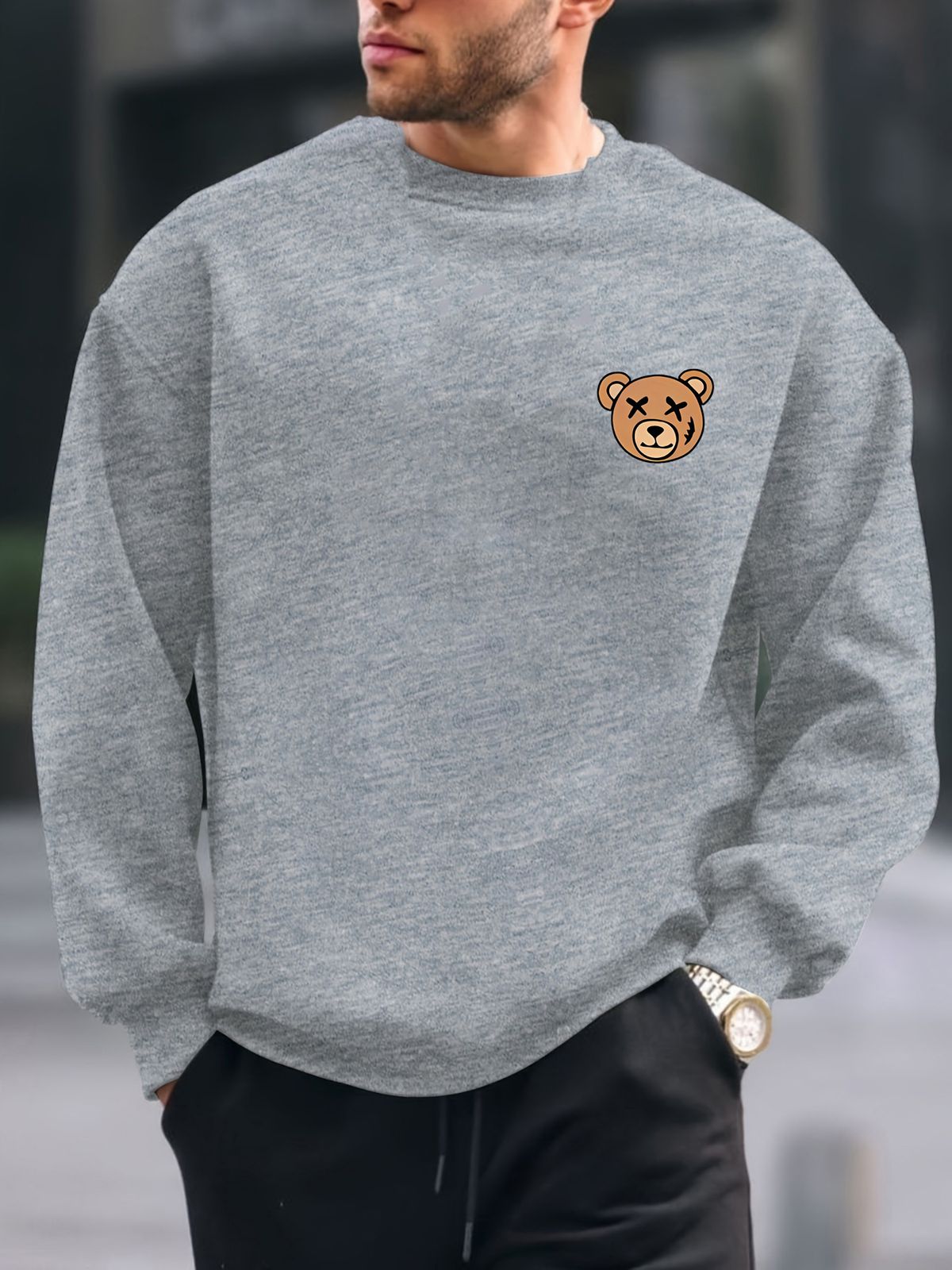 Men's Loose Casual Fashionable Classic Cartoon Bear Pattern Printed Round Neck Long Sleeved Sportswear For Autumn And Winter_viptrois.com