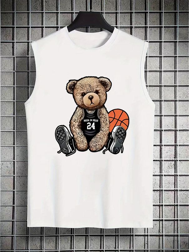 100% Pure Cotton Men's Summer Casual Sports Fitness Loose Basketball Bear Pattern Printed Breathable Round Neck Sleeveless Vest_viptrois.com