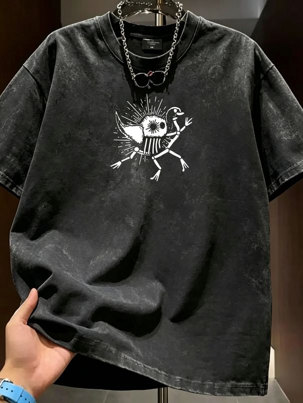 Vintage Skeleton Animal Graphic 230G Washed Cotton Oversized T-Shirt Men's Casual Luxury Short Sleeve Summer Tee_viptrois.com