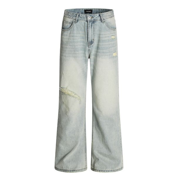 Light Washed Ripped Jeans For Men Punk Vintage Distressed Loose Casual Vib American Street Style Flared Pants_viptrois.com