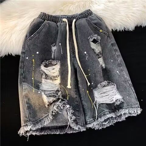 Men's Clothing Niche All Match Retro Distressed Blue Loose Straight Wide Leg Cropped Pants Drape Denim Shorts_viptrois.com