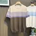 Men's Clothing Gradient Stripes Contrast Color Round Neck Knitted Short Sleeved T Shirt Summer High End Business Casual Top_viptrois.com