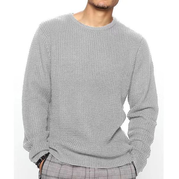 Men's Clothing New Men's Long Sleeved Round Neck Casual Men's Knitted Sweater Loose Pullover Solid Color Top_viptrois.com