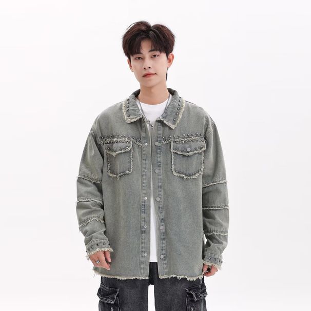 Men's Clothing Fashion Loose Metal Punk Denim Rivet Jacket Design Raw Edge Advanced Trend Black Jacket_viptrois.com