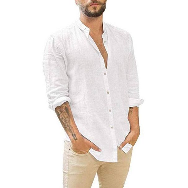 New Men's Linen Cardigan Solid-color Casual Stand-up Collar Long-sleeved Shirt_viptrois.com