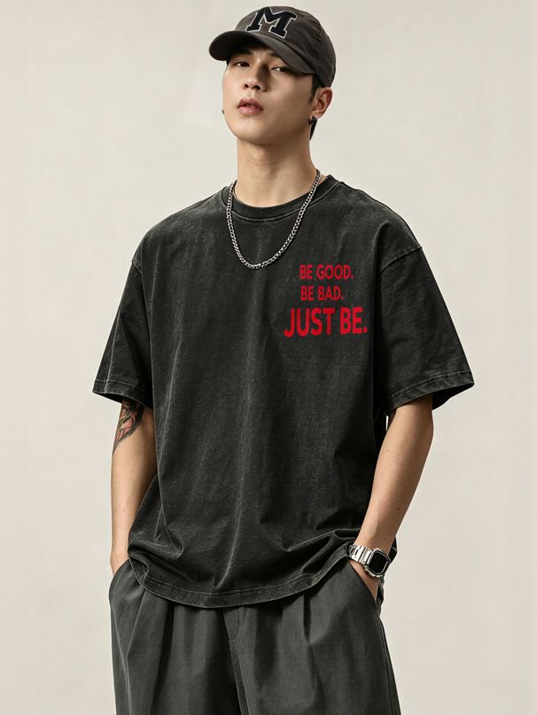 230g Washed Men T-Shirt Red "JUST BE" Letter Print Short Sleeve Crew Neck Casual Streetwear Top_viptrois.com