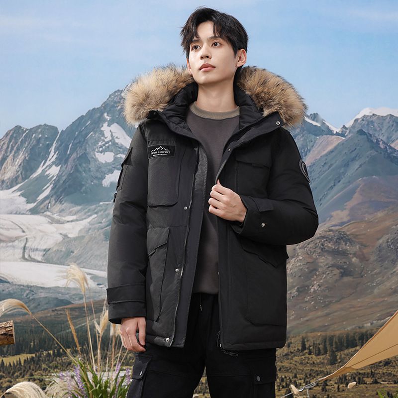 Men's Clothing Premium Thick White Duck Down Parka For Men & Women, Winter Long Coat With Fur Hood, Fashionable Unisex Outerwear (Black/Beige)_viptrois.com
