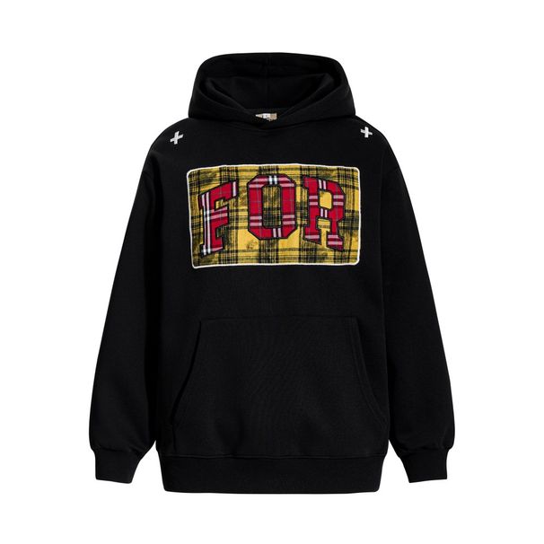 Color-Block Plaid Patch Embroidered Letter Hoodie Loose Casual Autumn Winter Men's Long Sleeve Pullover Sweatshirt_viptrois.com
